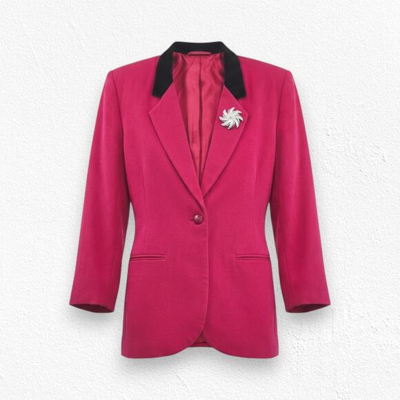 Vintage 80s Red Wool Blazer Velvet Collar & Brooch Accent Career Jacket Size 16 - Picture 1 of 7